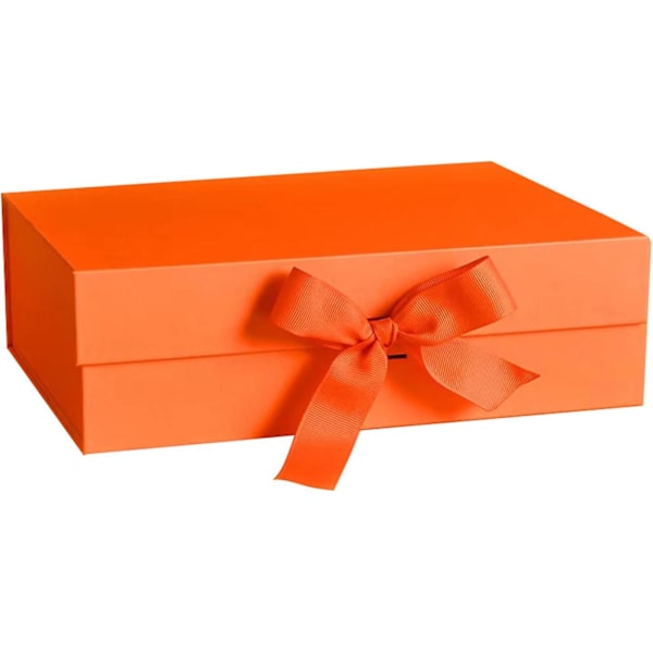 Hvide Magnetiske Gaveæsker med Låg, 265x190x80 mm Store Gaveæsker til Gaver, Luksuriøs Robust Foldbar Pap med Bånd, Magnetisk Lukning ( Orange