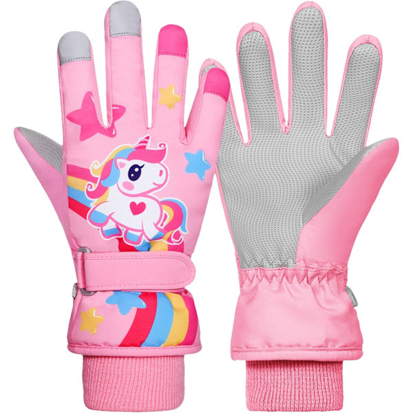 Søte Unicorn-votter for barn Vanntett vinter-skivotter Fleecefôrede snøvotter Varme termiske votter for 3-9 gutter jenter rosa Pink L