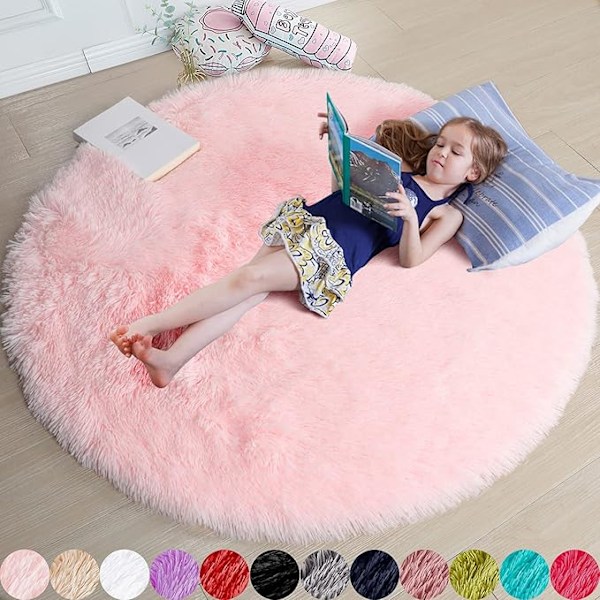 Rosa rundt teppe for jenterom, mykt teppe 120 cm X 120 cm for barn