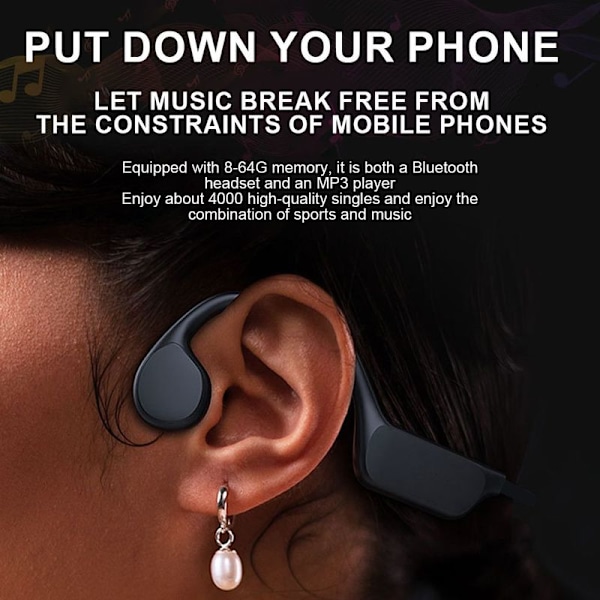 Bone Conduction Hovedtelefoner - IPX8 Vandtæt, Svømning, Sort