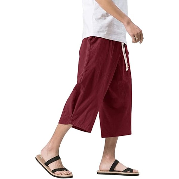 Herr Lång Lös Bomull Linne Shorts 3/4 Sommar Casual Boho Långa Shorts Elastisk Midja Bred Ben Strand Yoga Byxa 3XL f 3XL Wine Red