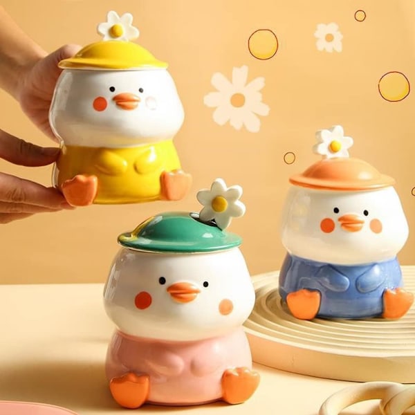 Hauska Ankka Muki 3D Söpö Muki Keraaminen Kahvimuki Lusikalla ja Kannella Kawaii Muki Eläinmuki Naisille Tytöille Söpö Syntymäpäivä Joululahja Idea Pink