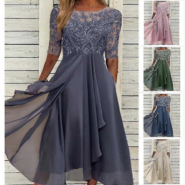 Spetsapplikation Midiklänning Kortärmad Aftonklänning Casual All Match Klänning För Bröllop Rosa Pink XXL