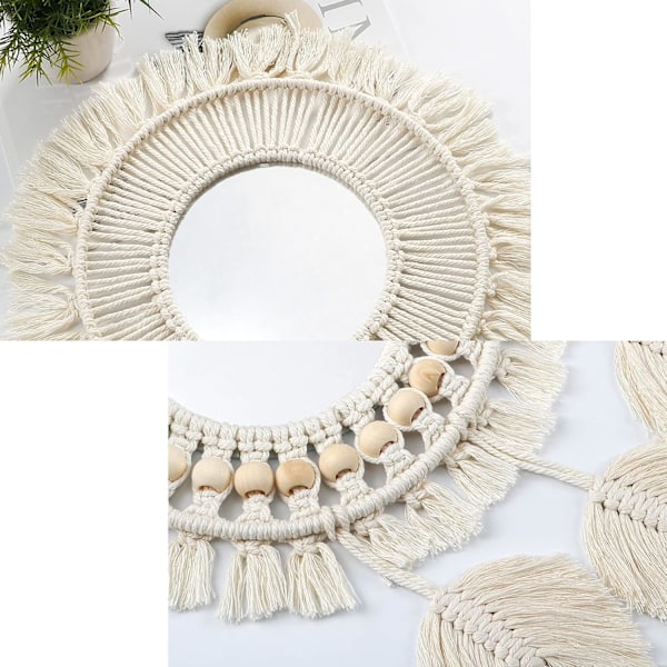 2 stk. Macrame Væghængt Dekorativt Spejl med Vævede Blade Boho Frynser Rundt Spejl til Soveværelse Stue Børnehave Hjemmeindretning (Style-08)