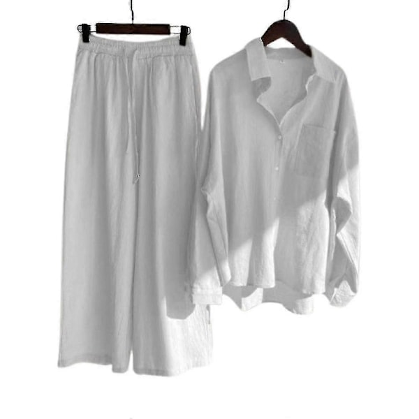 Afslappet 2-delt blusesæt til kvinder, bomuld og linned, langærmet skjorte med knapper + lounge sæt med brede ben, hvid White XL