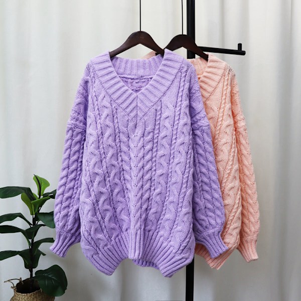 Naisten neulottu syksy-talvi -pusero, paksu V-kaula-aukkoinen kierretty neule, löysä pehmeä toppi, violetti Purple Average size