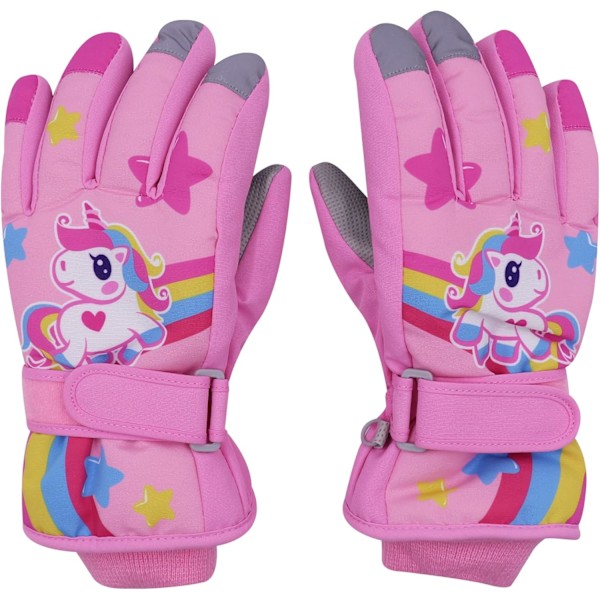 Søte Unicorn-votter for barn Vanntett vinter-skivotter Fleecefôrede snøvotter Varme termiske votter for 3-9 gutter jenter rosa Pink L