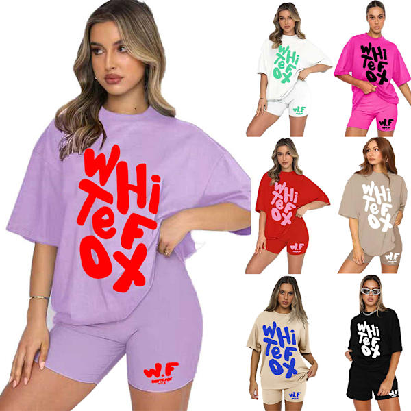 2-pack dam T-shirt och shorts set med vit räv, rund hals, löst sittande topp, korta byxor, avslappnad hemmakläder Camel 3XL