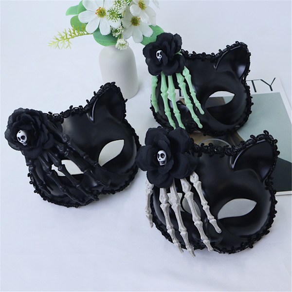 Skalle-Blomma Katt Halv ansiktsmask Vuxen Halloween Maskeradfest Fancy Dress-Up Black