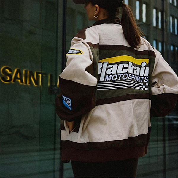 Herr & Dam Retro Racing Cykeljacka Trenchcoat, Färgblockeringstryck Lätt Motorcykel Skollag Jacka Street Jacket Brown 2XL