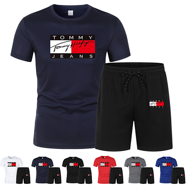 Herrar TomyHilfige Sommar Casual Tracksuit Kortärmad Topp & Shorts Sportset Utomhus Träning T-shirts Shorts Sportkläder Navy Blue 4XL