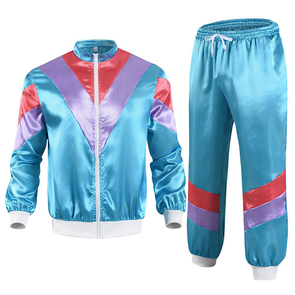 Män 80-tals Kostym Retro Jacka Skal Sport Tracksuit Party Cosplay Streetwear Set Blue XL