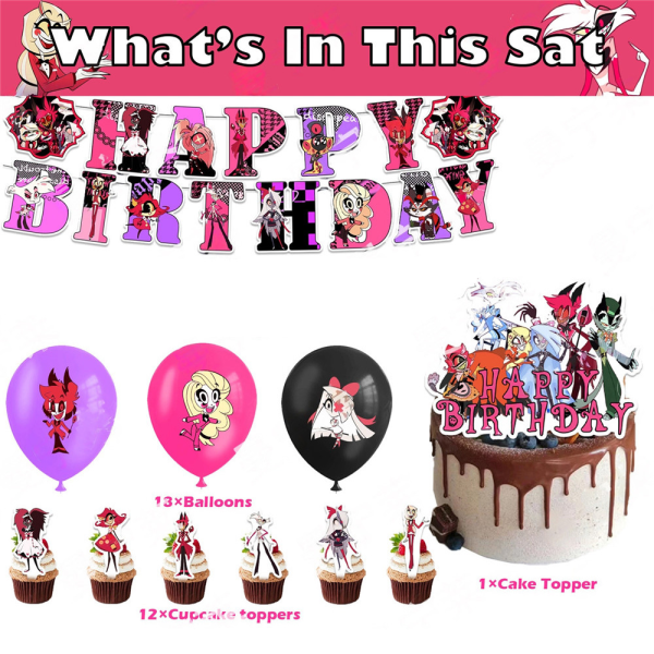 Hazbin Hotel Grattis på födelsedagen Dekorationer Banner Ballonger Cupcake Cake Topper Tillbehör Kit