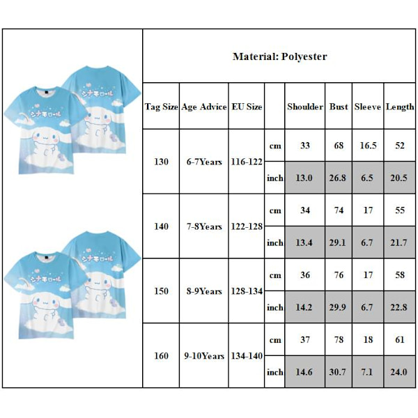 Barn och tonåringar Cinnamoroll T-shirt Kortärmad Rund Hals Tee Cartoon Casual Toppar Sommar 140cm