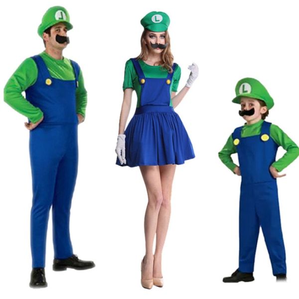 Super Mario Costume Fancy Dress Barn Fest Kostym + Hat Set Men-Green S