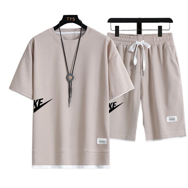 Män Herr T-shirt Toppar + Shorts Byxor Sport Svettdräkt Sommar Casual Tracksuit Set Apricot L