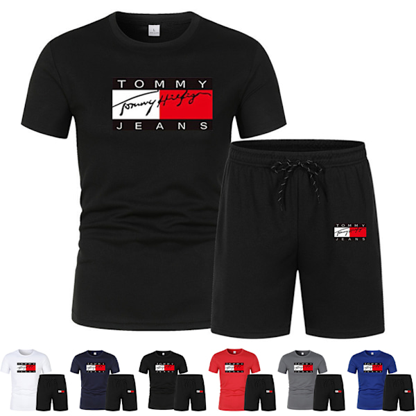 Herrar TomyHilfige Sommar Casual Tracksuit Kortärmad Topp & Shorts Sportset Utomhus Träning T-shirts Shorts Sportkläder Red XL