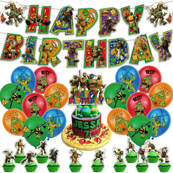 Ninja Turtles Grattis på födelsedagen Dekorationer Banner Ballonger Cupcake Cake Topper Supplies Kit