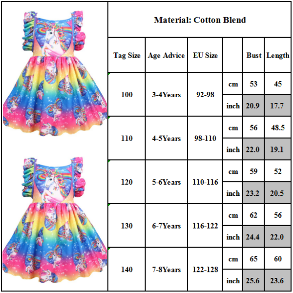 Färgglad Unicorn Printing Princess Dress för flickor pink 3-4Years