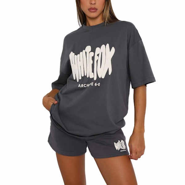 2-pack Vit Fox Boutique Tracksuit Set T-shirt Topp Shorts Sommar Casual Oversized Tee Dark Grey S