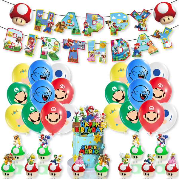 Grattis på födelsedagen Banner hängande dekorationer Ballonger Cake Topper Grön Blå Vit Gul Super Mario Bros