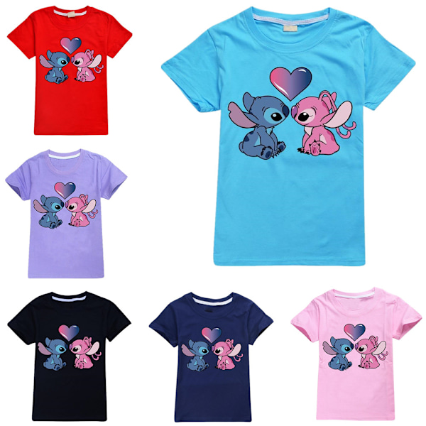 Stitch Pojkar Flickor T-shirts Söta Grafiska Tecknade Tryck Rund Hals Roliga Kortärmade Toppar Vardaglig Vår Sommar Tröja För Barn Purple 170cm