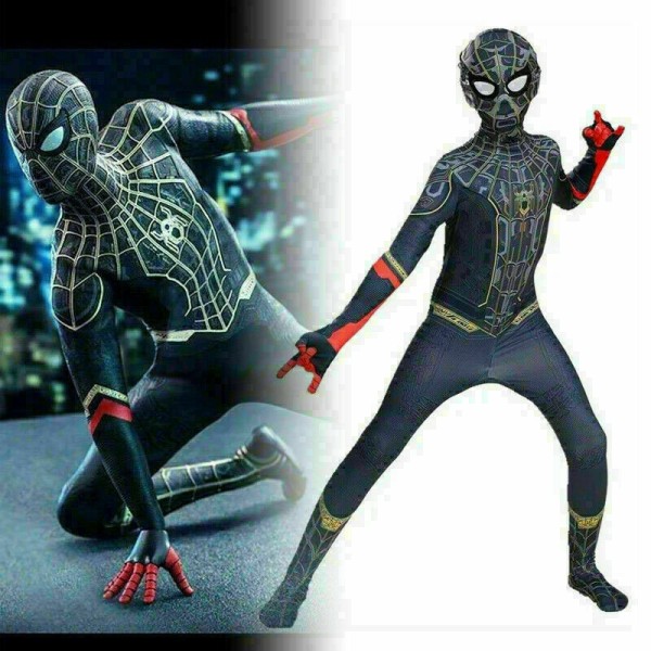 Spider-Man 3: No Way Home Cosplay-dräkt Barn Superhjälte Jumpsuit Black and Gold Spiderman 3-4Years = EU92-98