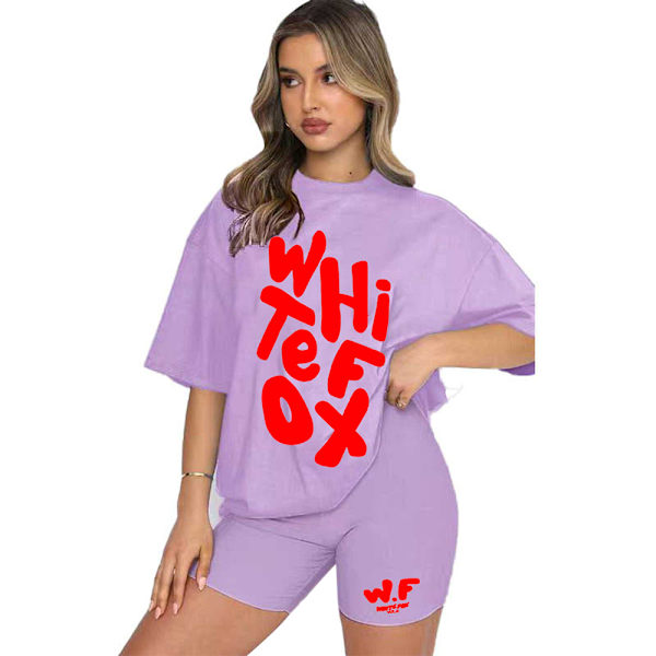 2-pack dam T-shirt och shorts set med vit räv, rund hals, löst sittande topp, korta byxor, avslappnad hemmakläder Light Purple S