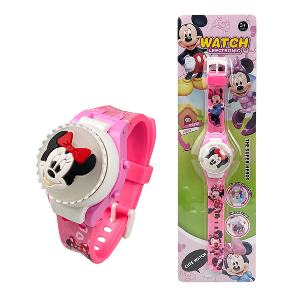 Cartoon Kids Rotating Flip Cover Gyro Light Watch Toy Characters Gift Minnie