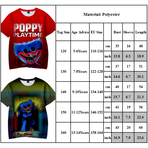 Poppy Playtime T-Shirts Kortärmade Toppar för Barn Pojkar Flickor Röd Huggy Wuggy 11-12 år = EU 146-152
