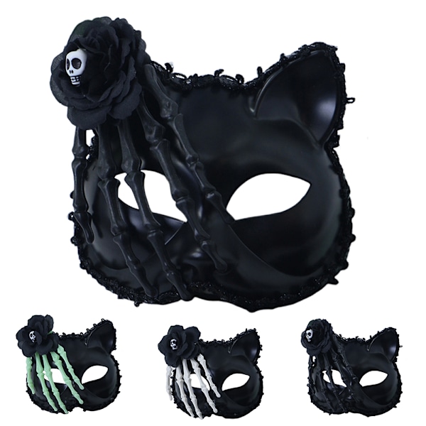 Skalle-Blomma Katt Halv ansiktsmask Vuxen Halloween Maskeradfest Fancy Dress-Up Black