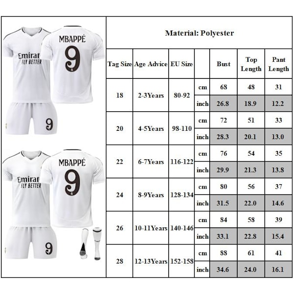 2024-2025 Real Madrid Hemma Jersey Träningskläder #9 Mbappe Barn Fotbollströja Kit Barn Tröjor Med Strumpor Fotbollströja Set 20