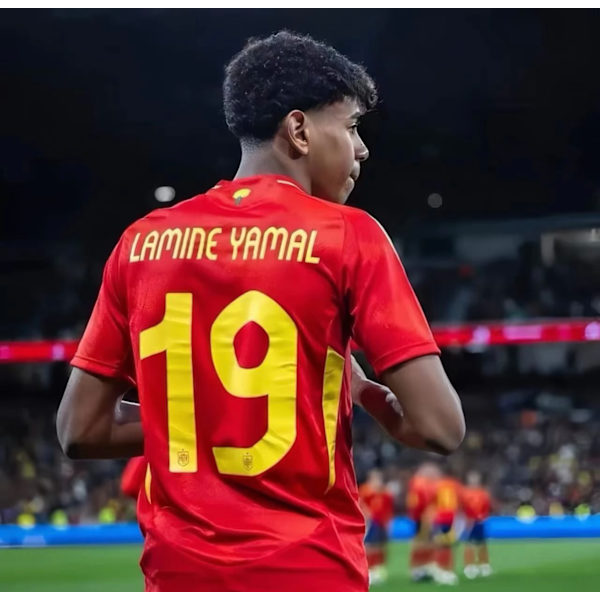 2024 UEFA EM Barnfotbollströja Kit Spanien Hemma Nr.19 LAMINE YAMAL Med T-shirt + Shorts + Strumpor 22