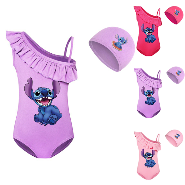 Flickor Stitch Cartoon Print Baddräkt Badkläder Baddräkt Bikini Hat Set Rose Red 160cm