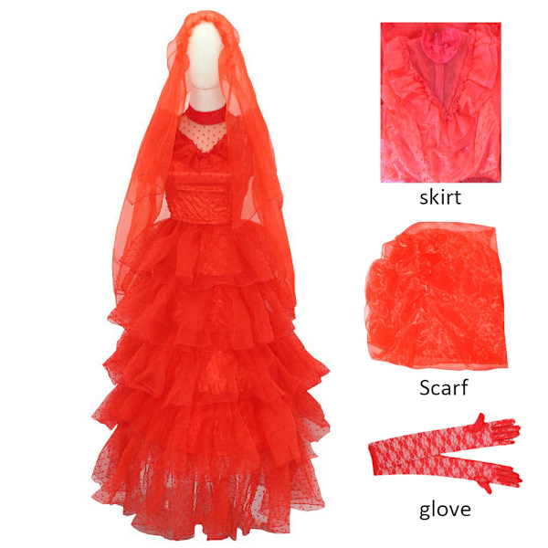 Lydia Cosplay-kostym Lydia Röd Bröllopsklänning Outfit Kvinnor Retro Långärmad Spets Tulle Brudklänning Halloween Cosplay L
