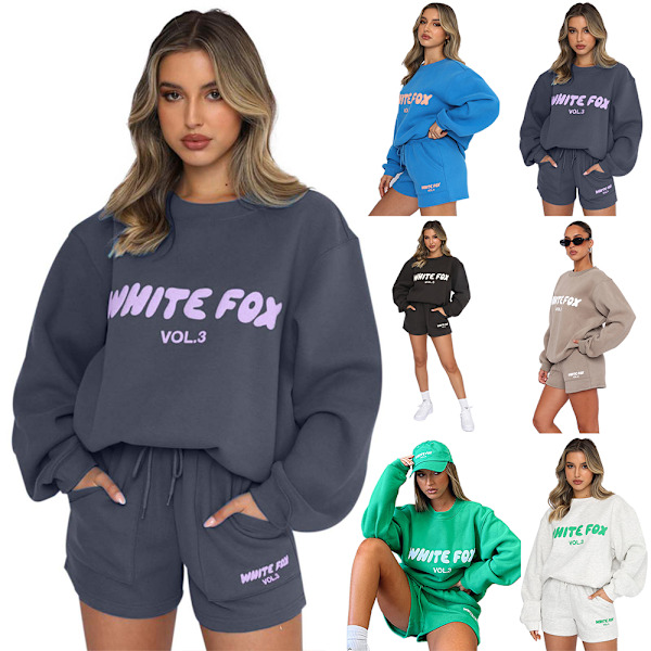 Het säljande dam- och flickkläder White Fox Boutique 2-delars träningsset för kvinnor, avslappnat hoodie och shorts-set Dark Grey L