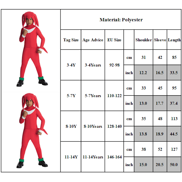 Sonic The Hedgehog Cosplay-dräkter för barn pojkar flickor Knuckles Jumpsuit + Mask + Handskar 5-7 år = EU 110-122