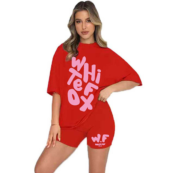 2-pack dam T-shirt och shorts set med vit räv, rund hals, löst sittande topp, korta byxor, avslappnad hemmakläder Red XL