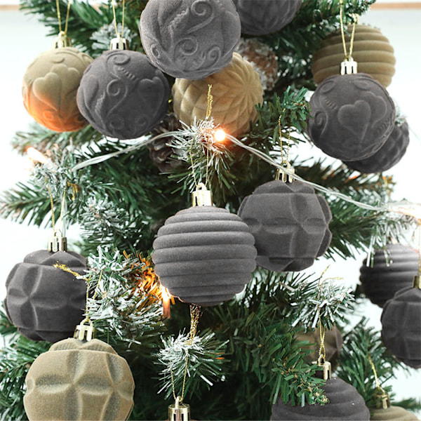 12-pack Julgransprydnader i Sammet, Flockade Hängande Klot, Julkulor Grey