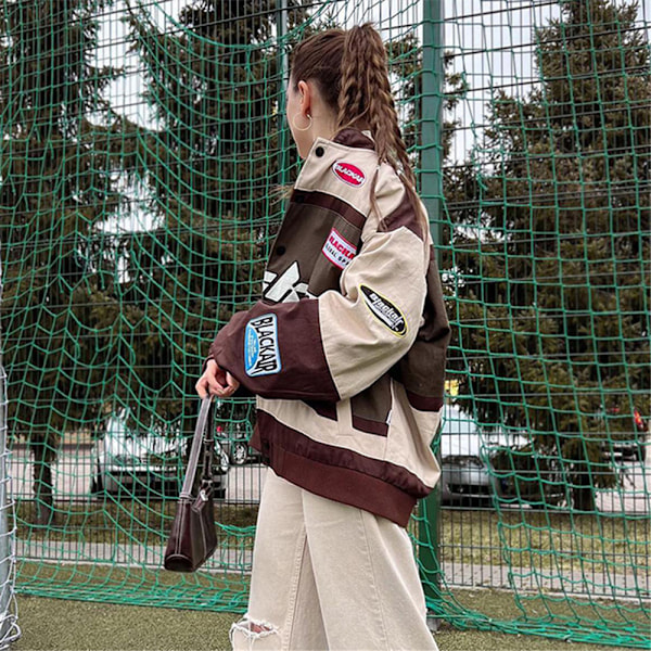 Herr & Dam Retro Racing Cykeljacka Trenchcoat, Färgblockeringstryck Lätt Motorcykel Skollag Jacka Street Jacket Brown M
