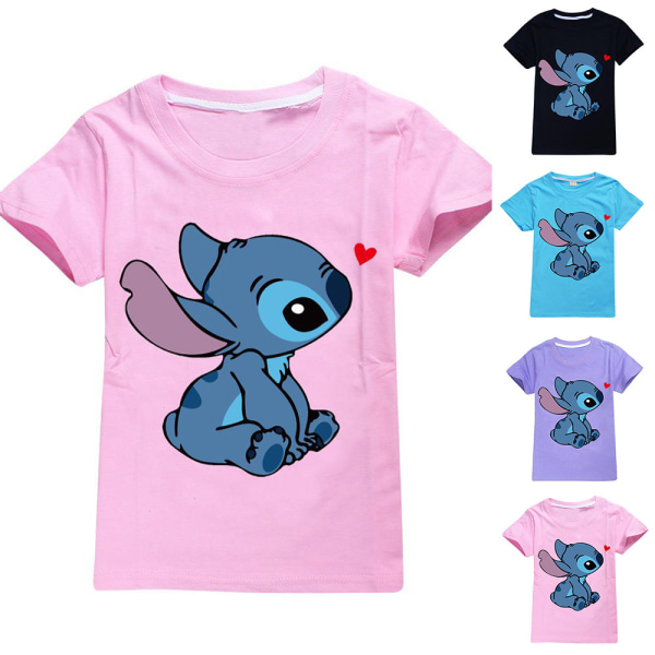 Barn Pojkar Flickor Stitch Print Kortärmad T-shirt Top Casual Tee Shirt Blus Black 7-8 Years