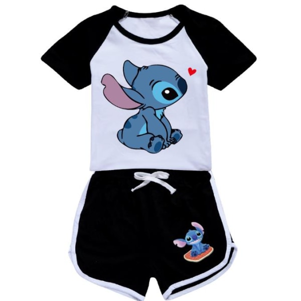 Barnflickor Stitch Print Kortärmad T-shirt med Shorts Träningsoverall Set Sommar Black 11-12 Years