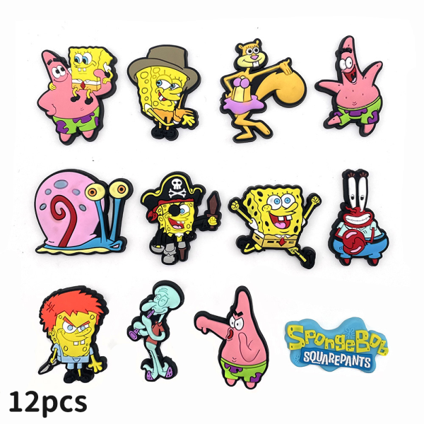 12ST SpongeBob Croc Charms Tillbehör för Clog Skor Sandaler Armband Armband Dekor