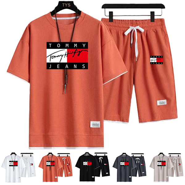 Sportkläder för män med bokstavstryck, träningsdräkt, löpkläder, avslappnad T-shirt + shorts-set Apricot 2XL