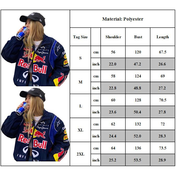 Red Bull Jacka Motorcykel Stil Färgblockering Tryckt Casual Lös Långärmad Vindjacka M