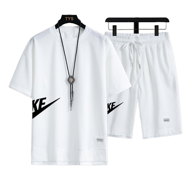 Män Herr T-shirt Toppar + Shorts Byxor Sport Svettdräkt Sommar Casual Tracksuit Set White 2XL