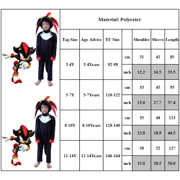 Sonic The Hedgehog Cosplay Kostym Outfits för Barn Pojkar Flickor Shadow Jumpsuit + Mask + Handskar 3-4 år = EU 92-98