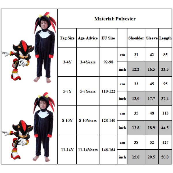 Sonic The Hedgehog Cosplay kostymkläder för barn, pojkar, flickor Shadow Jumpsuit + Mask + Handskar 3-4 år = EU 92-98