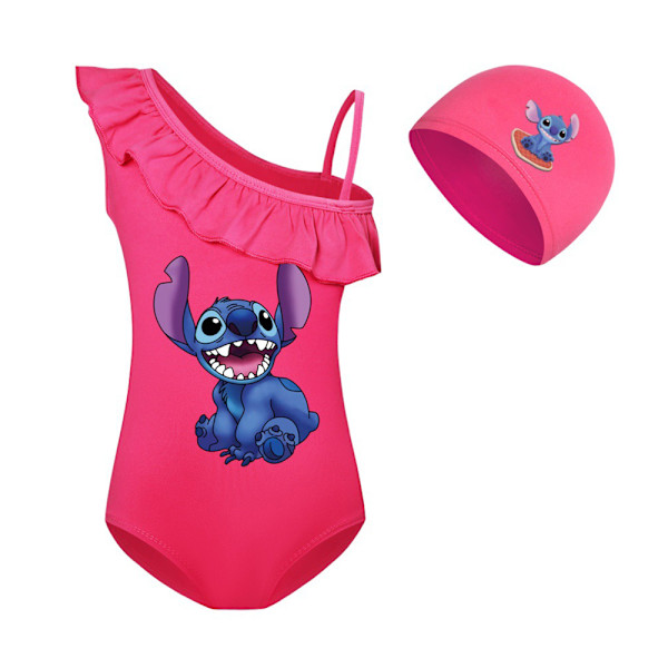 Flickor Stitch Cartoon Print Baddräkt Badkläder Baddräkt Bikini Hat Set Rose Red 130cm