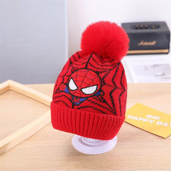 Pojkar Barn Spiderman Stickad Mössa Vintermössa Pompom Skidmössa Red